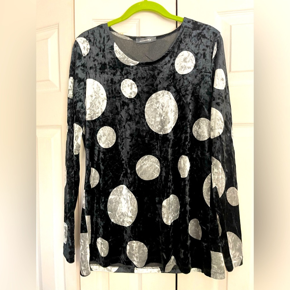 Top designer wear Alembika Velveteen black top with white dots in a size 3